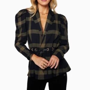 Ramy Brook Jacket blazer XS Extra Small plaid Ina Puff Black Metallic grunge